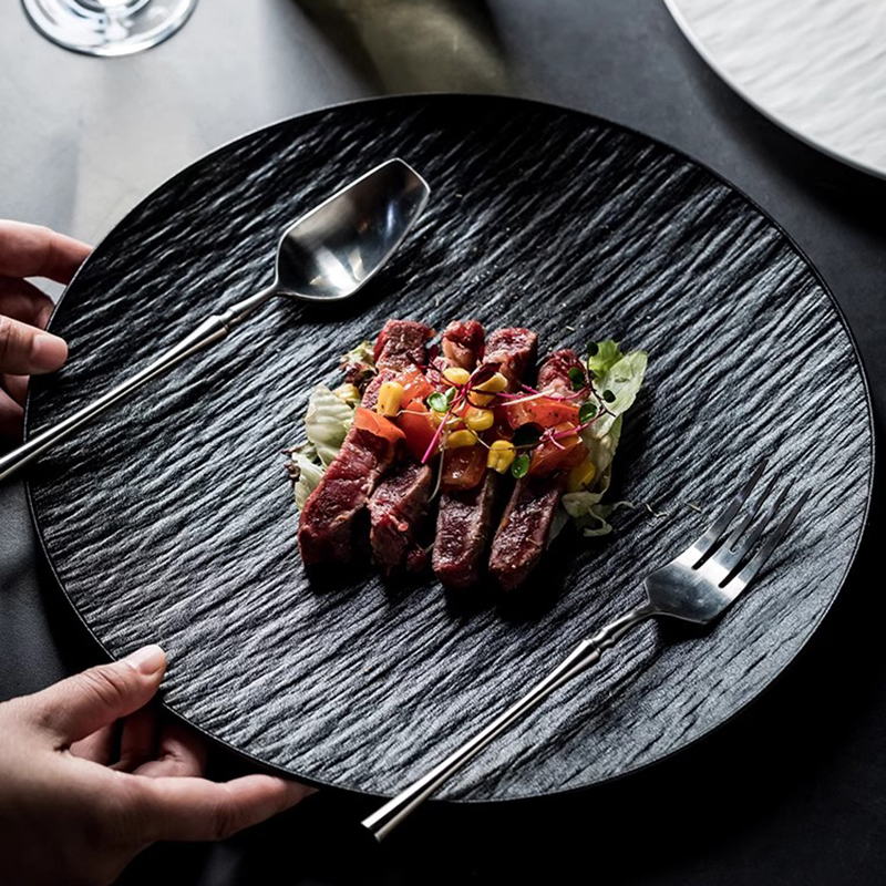 西餐餐盘炒菜装菜家用盘子牛排盘餐具高级感黑色陶瓷菜盘沙拉平盘