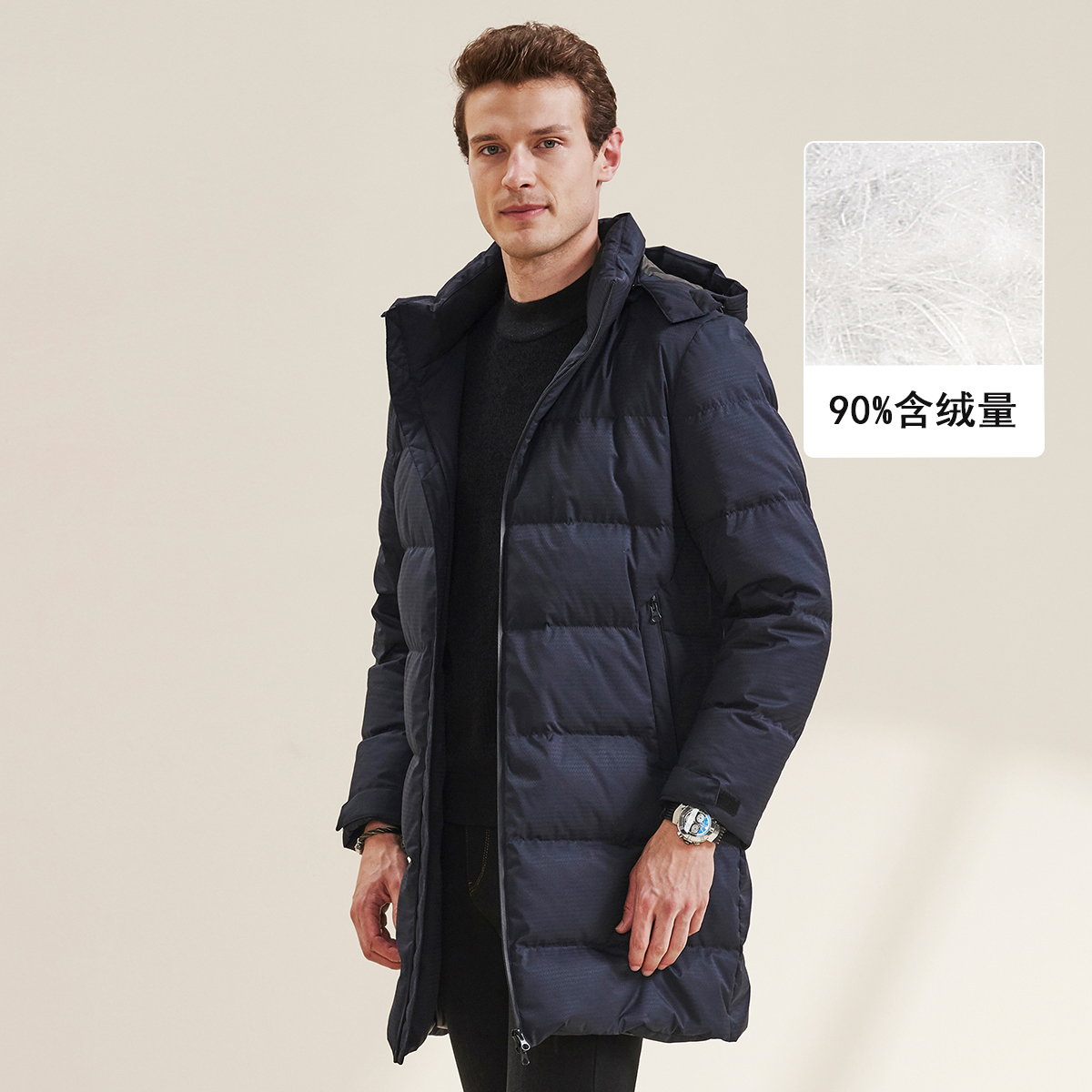 1109号 男士时尚厚款连帽中长羽绒服男保暖白鸭绒外套L98-118334