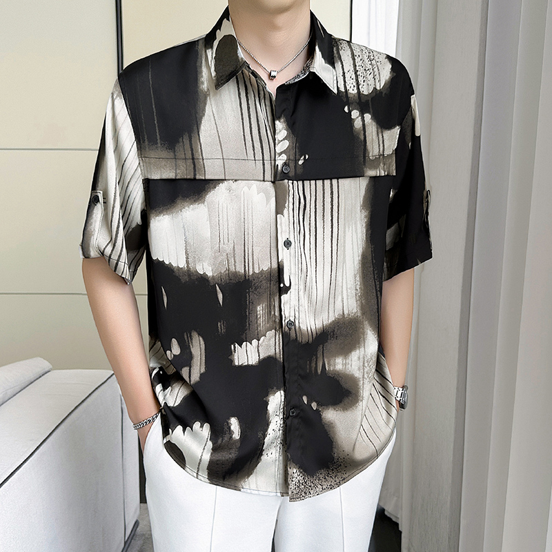 男装夏季新款潮流时尚显瘦穿搭痞帅冰丝垂感中袖衬衫