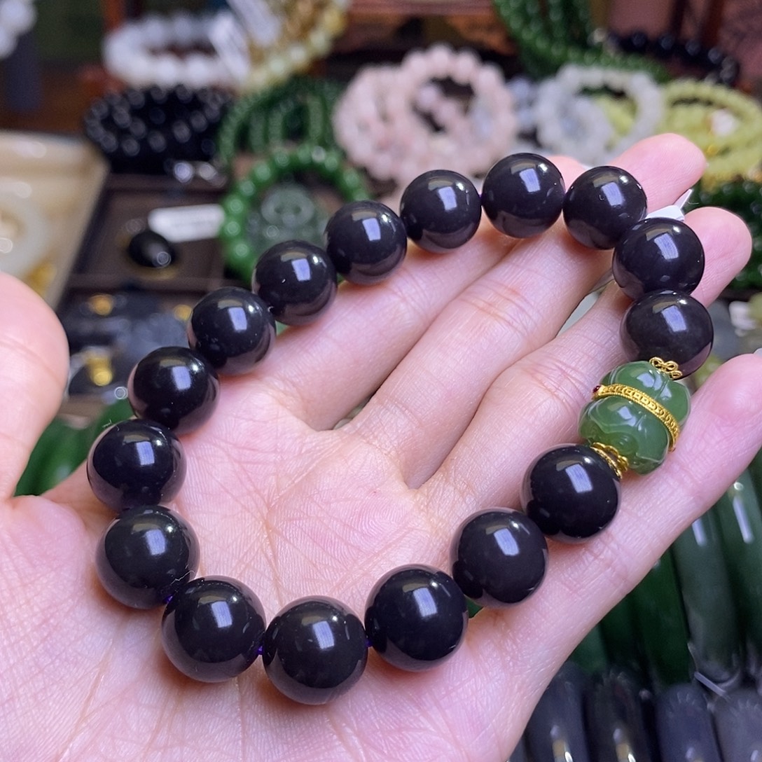 和田玉未镶嵌颈饰烟紫帝王紫碧玉并蒂莲手串12MM