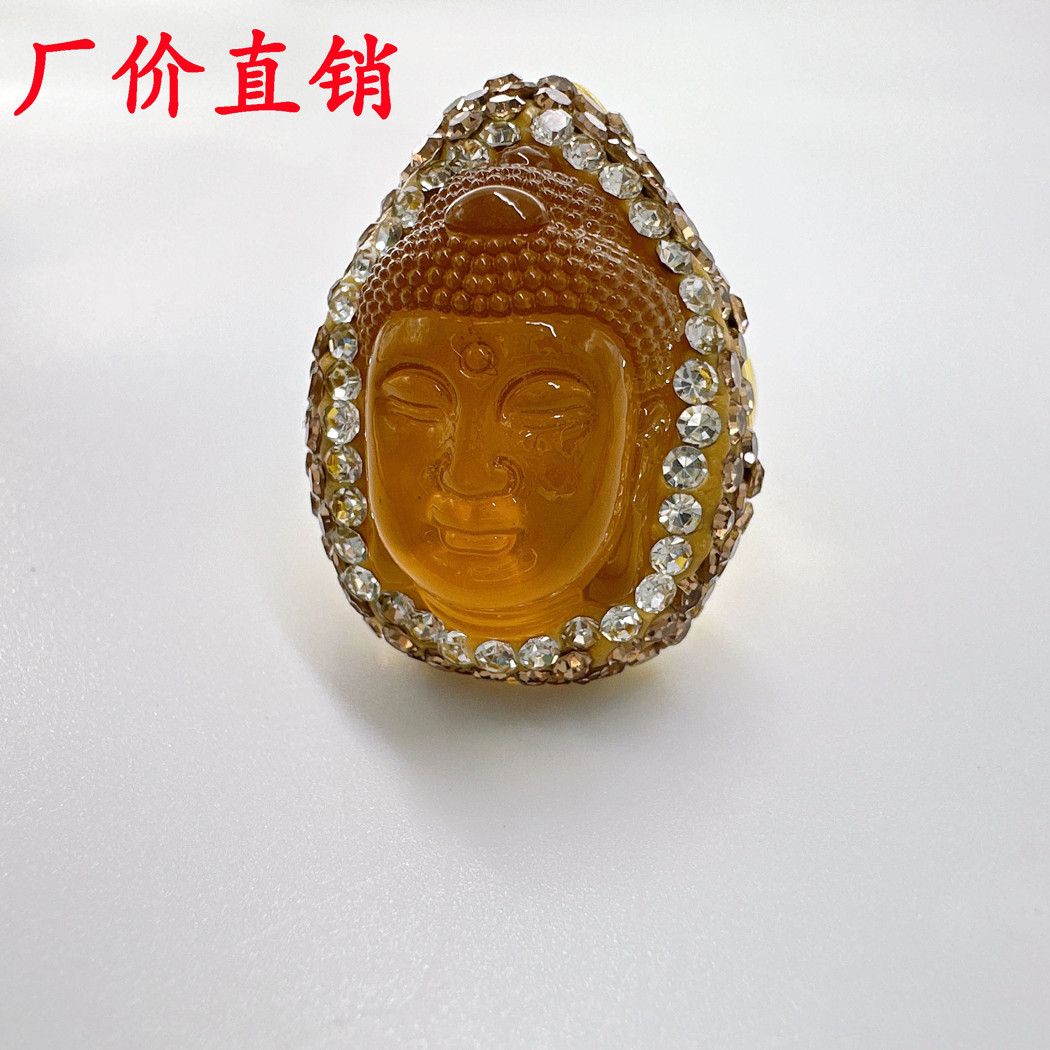 铜合金仿水晶戒指 原创黄色水晶佛头戒指雕刻镶嵌气质