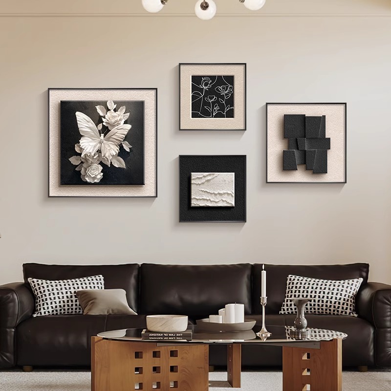 黑白极简客厅装饰画新款蝴蝶沙发背景墙挂画高级感抽象组合墙壁画