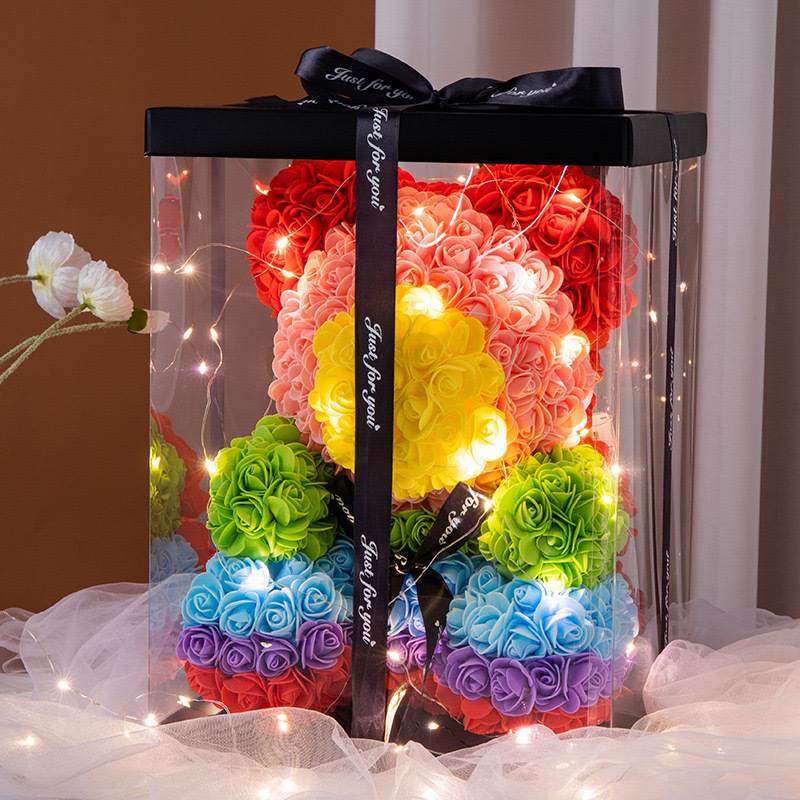 国庆节礼物情人节礼盒送女友永生花独角兽PE泡沫花玫瑰熊批发带灯