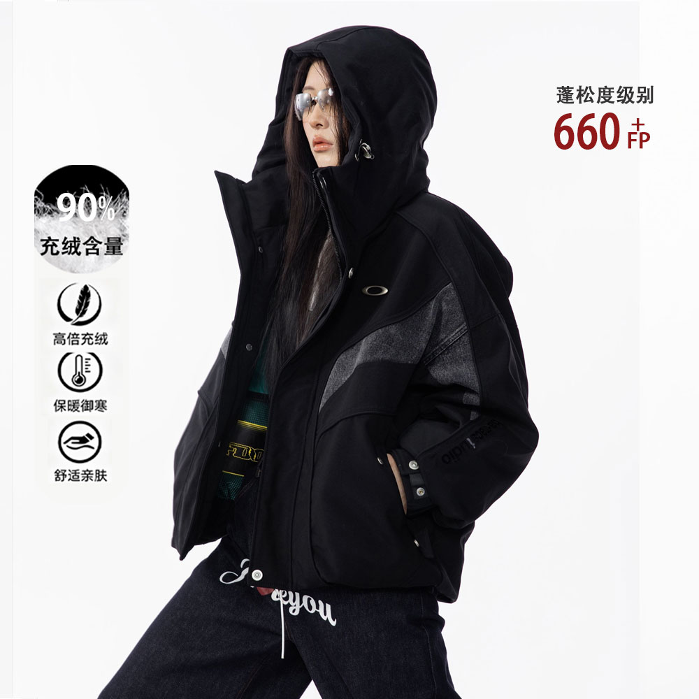 HSNH【拼接牛仔羽绒服】冬季新国标白鸭绒羽绒外套街头连帽男女同款