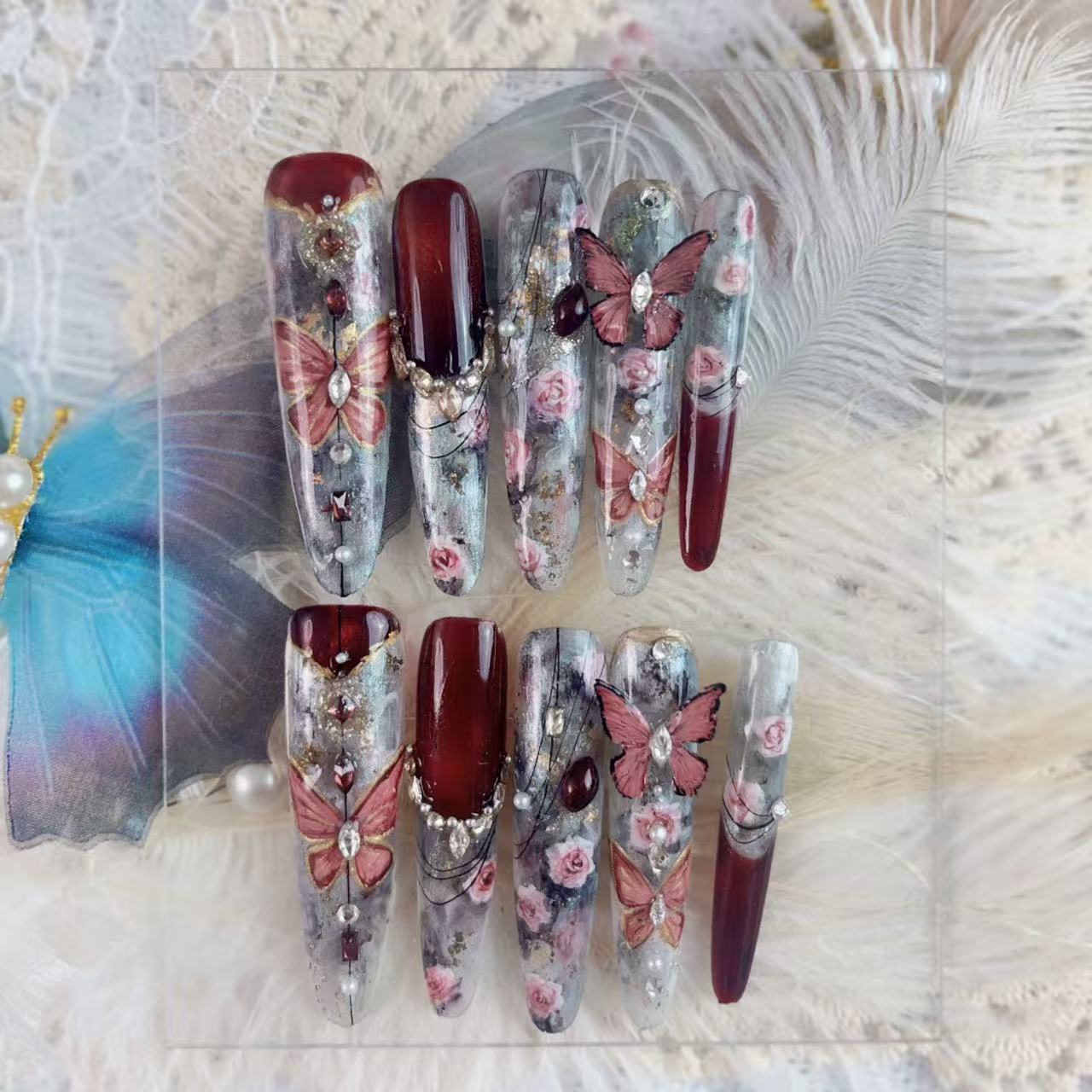 【水墨玫瑰】手绘暗红法式穿戴甲，甲型联系客服