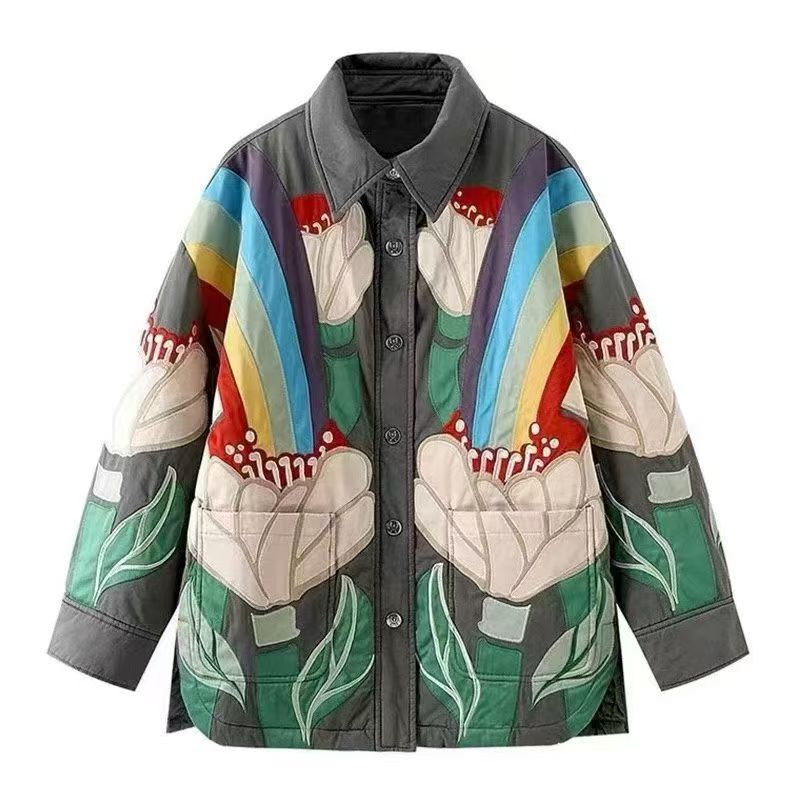 【彩虹花】25冬新款彩虹食人花重工刺绣设计感宽松洋气棉服外套女