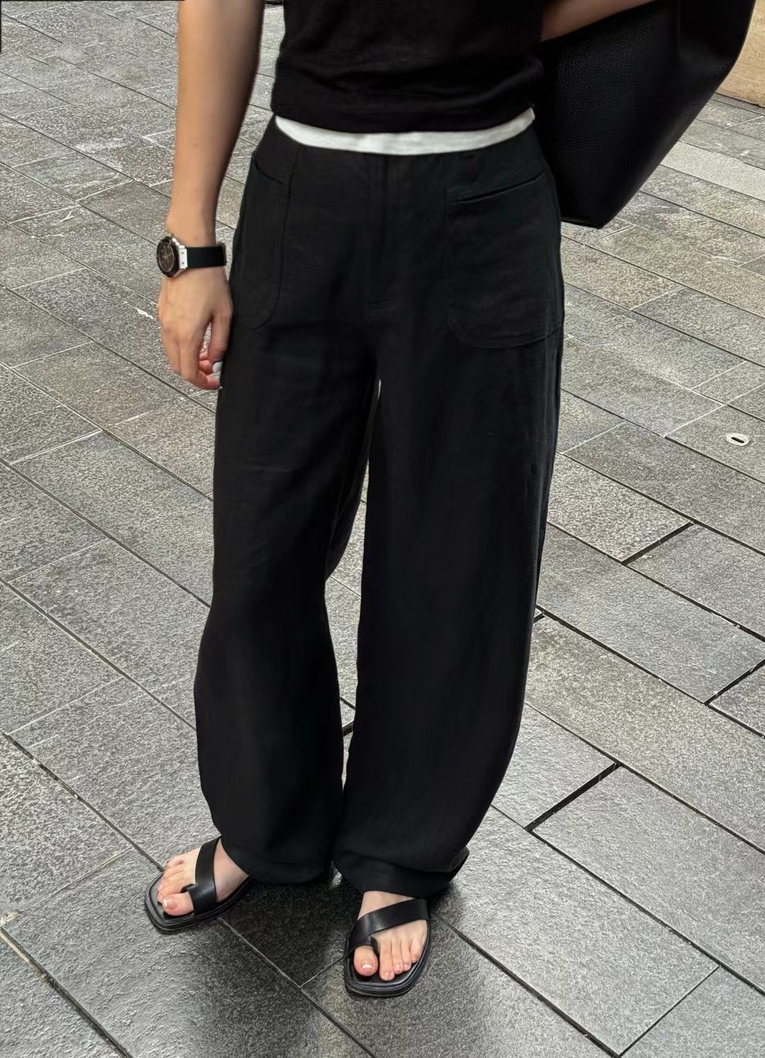 黑色亚麻直筒带兜麻裤