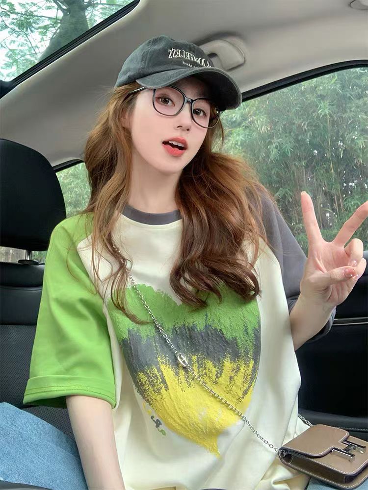 撞色插肩纯棉短袖t恤女夏2025新款美式渐变爱心潮牌宽松显瘦上衣
