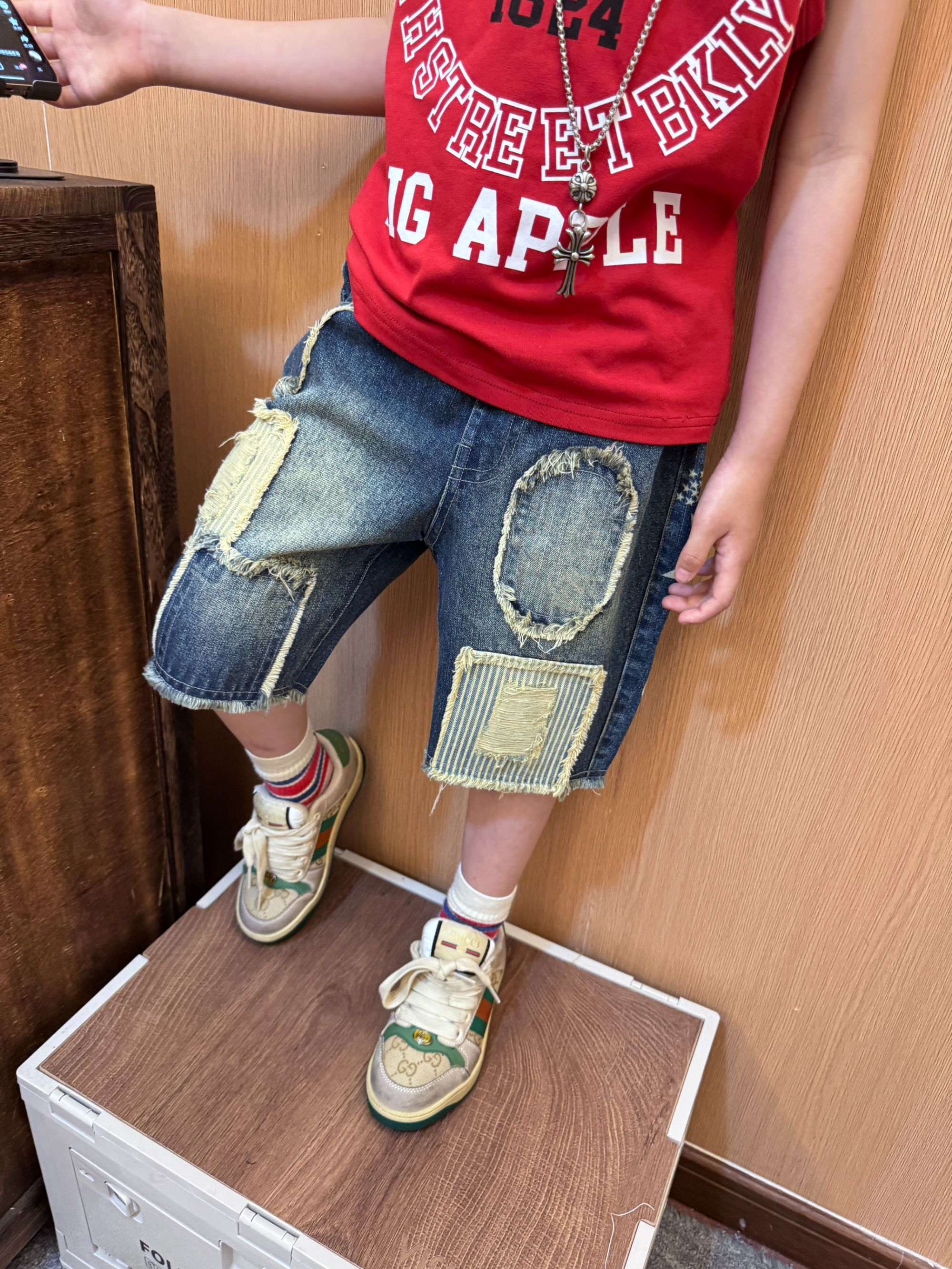 令佳潮牌夏季儿童洋气牛仔贴布短裤2745牛仔裤裤子宝宝小童童装