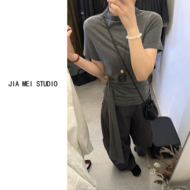 A043早秋半高领新款韩版时尚百搭显瘦短袖T恤女设计感小众上衣女