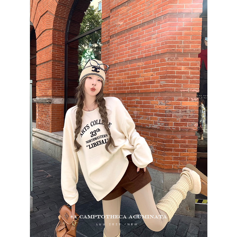 LUU桃喜儿/针织休闲印花无帽卫衣女秋冬宽松设计感长袖内搭上衣