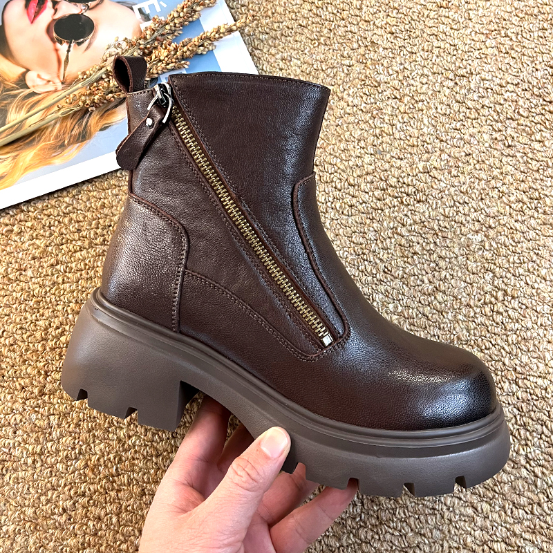 头层羊皮马丁靴女2025秋冬新款拉链厚底轻便百搭休闲加绒真皮短靴