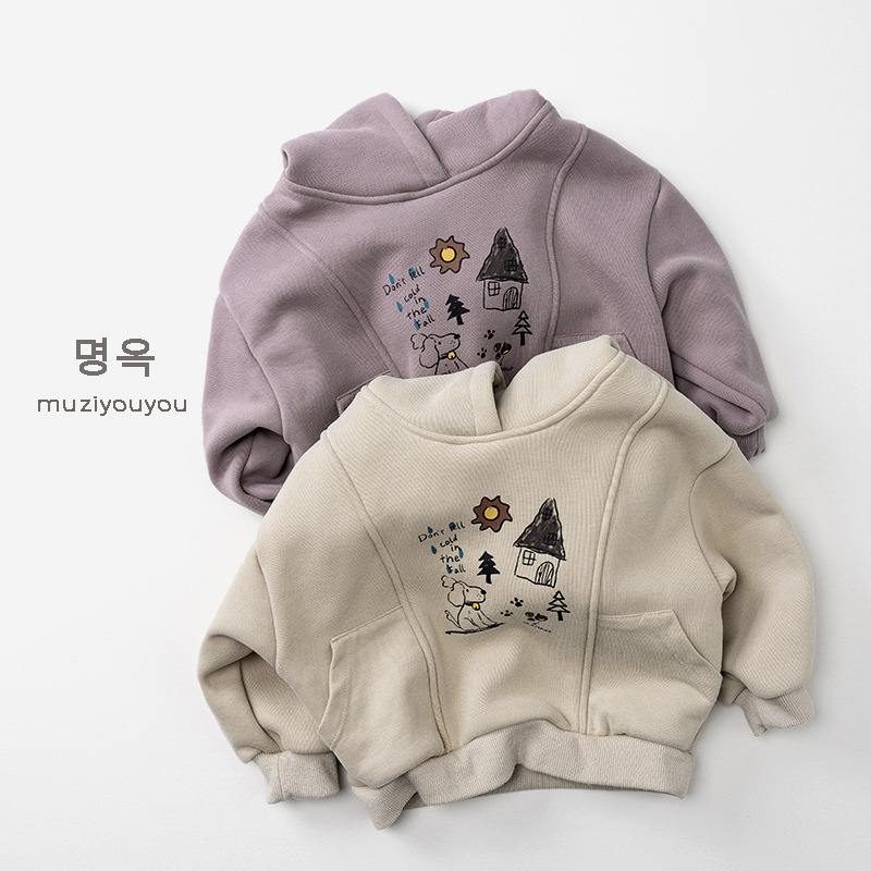 超百搭~软弹银狐绒~韩版男女童卡通印花潮搭连帽卫衣宽松加绒加厚