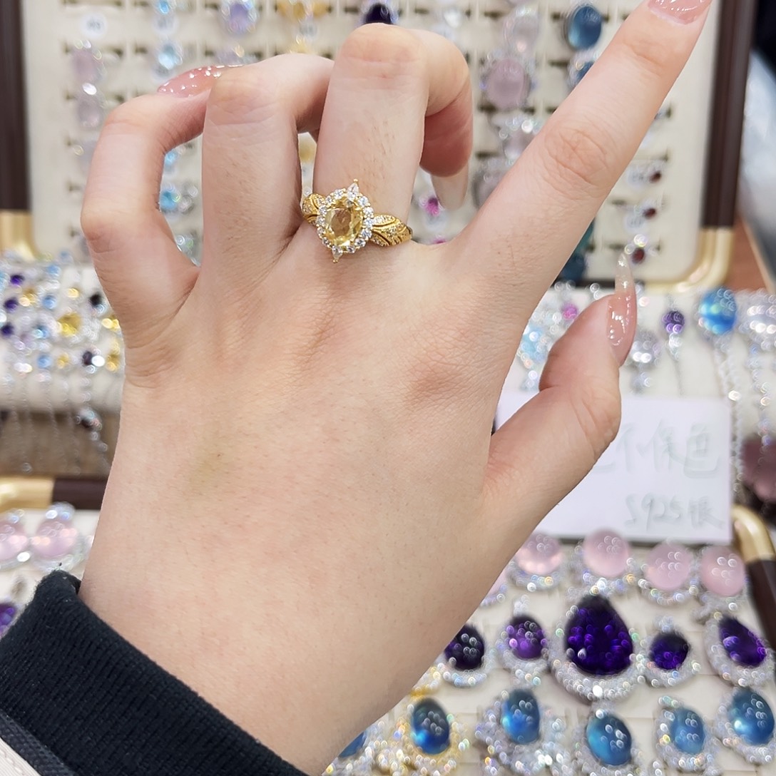 戒指银S925镶嵌烟晶
