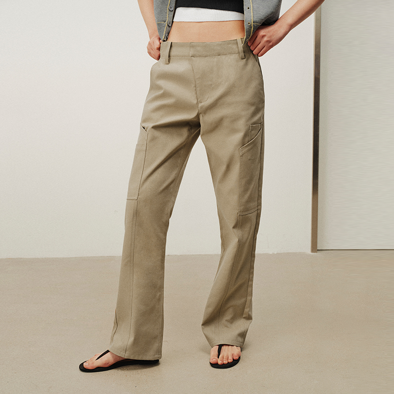 NUTH复古卡其色修身直筒工装裤女 卡其色