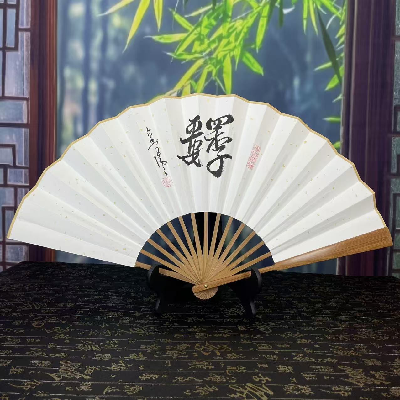 手绘十寸十五方头青油竹文玩折扇扇子