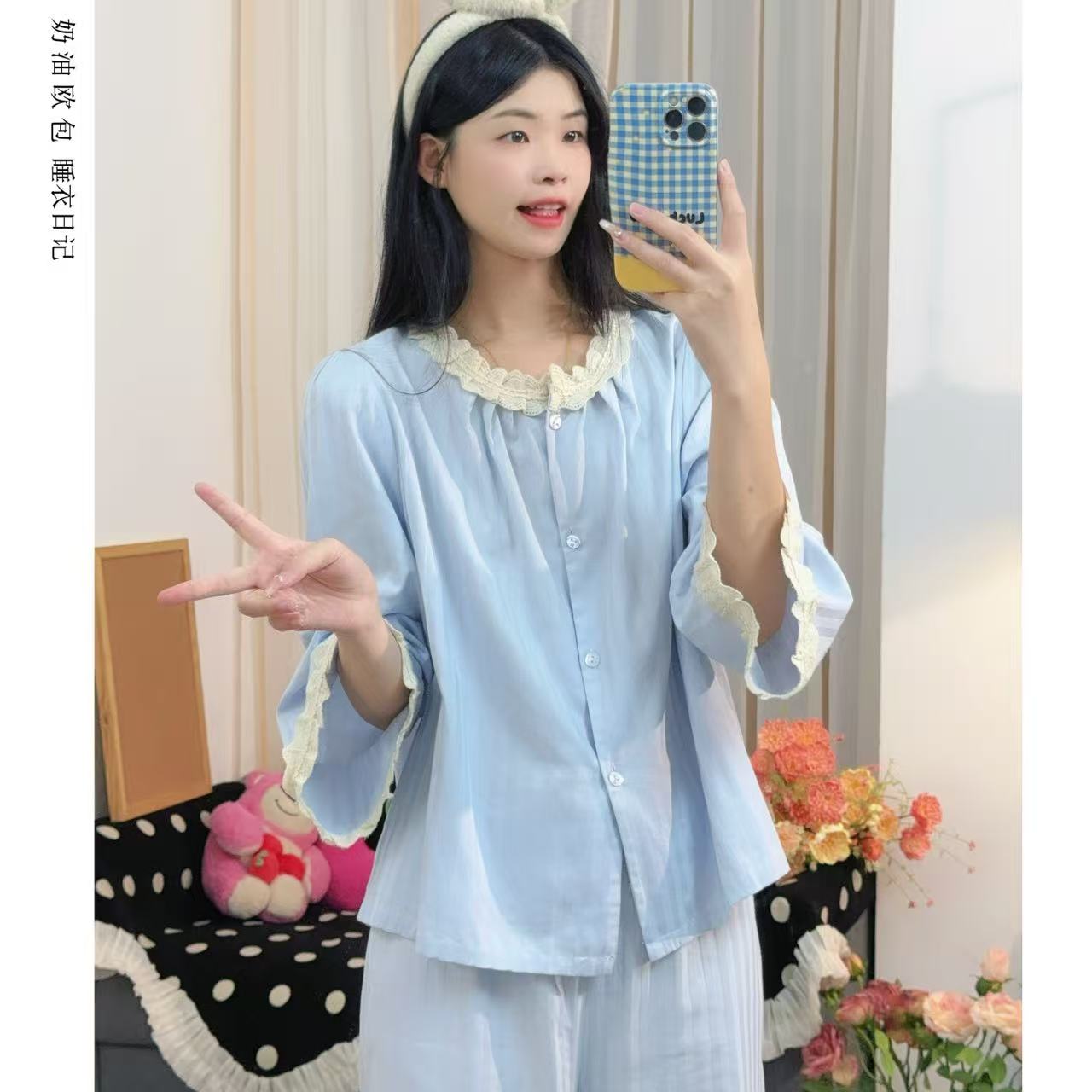 春秋款新品棉纱套装长袖长裤睡衣女甜美时尚轻奢家居服套装