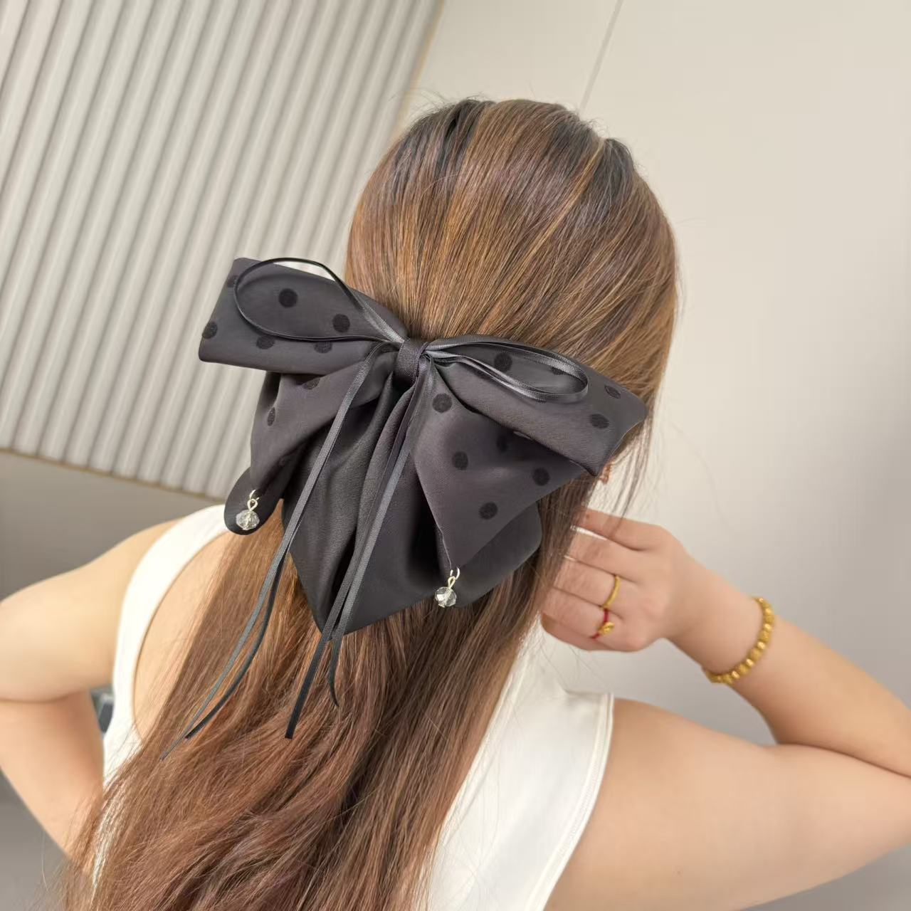 【法式波点气质黑】高端百搭马尾抓蝴蝶夹