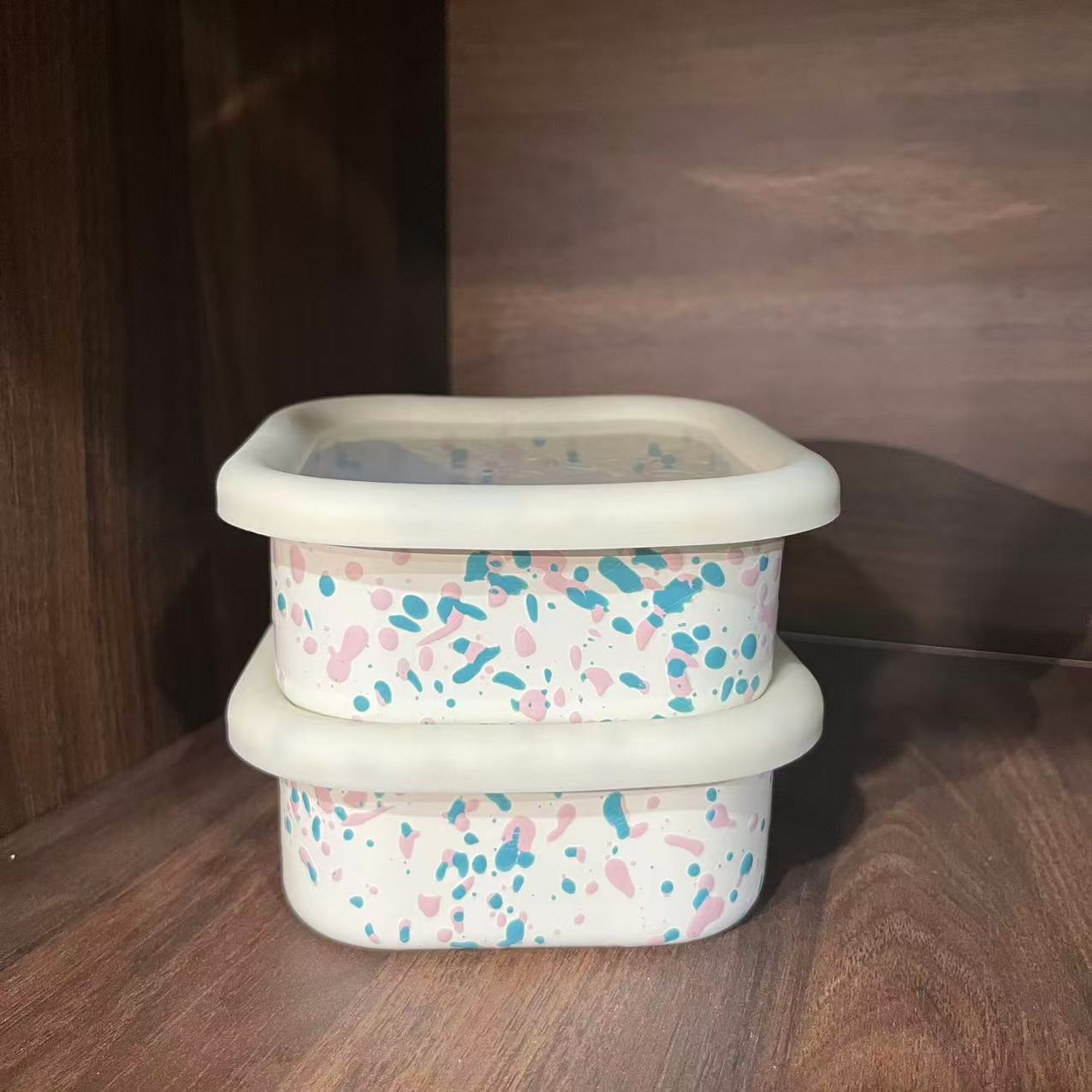 【泼墨绿粉系列】口径11.5CM 高度4,5CM搪瓷方形保鲜盒