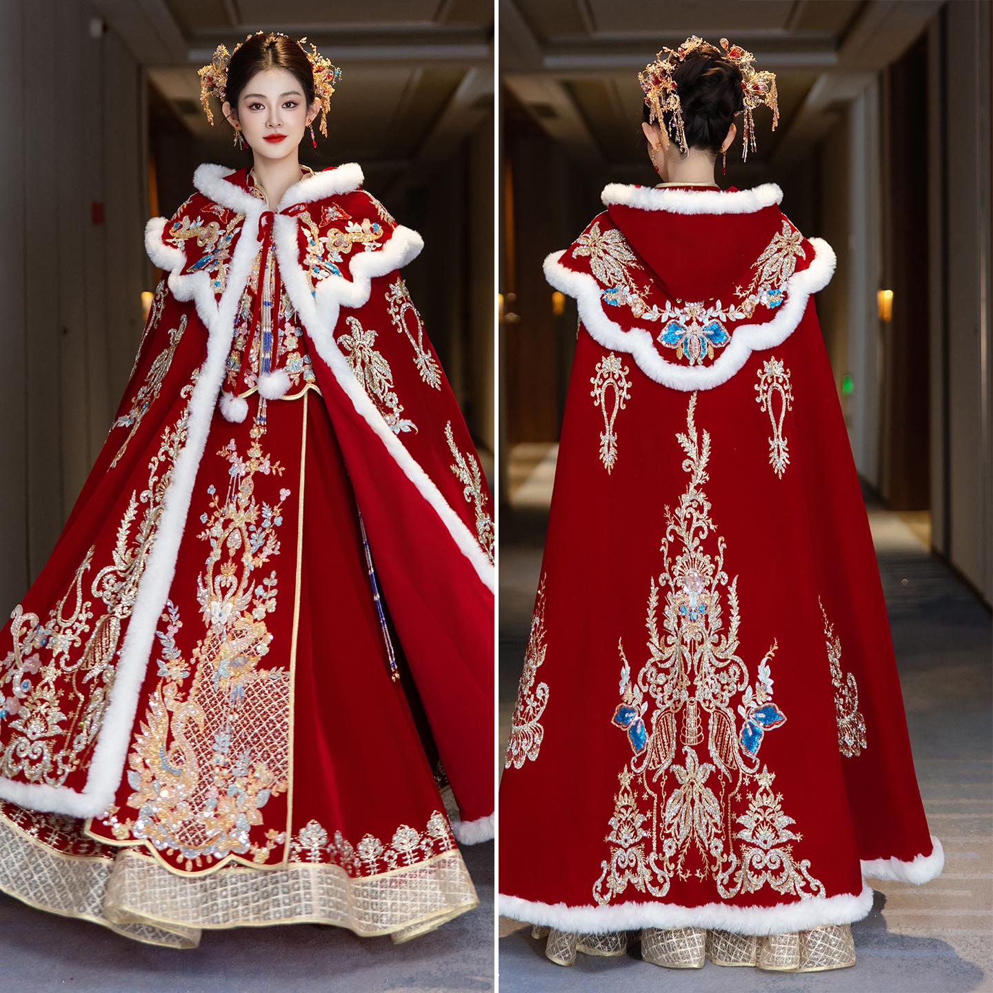 秋冬季结婚披风斗篷大毛领结婚敬酒秀禾服披风保暖外套刺绣重工