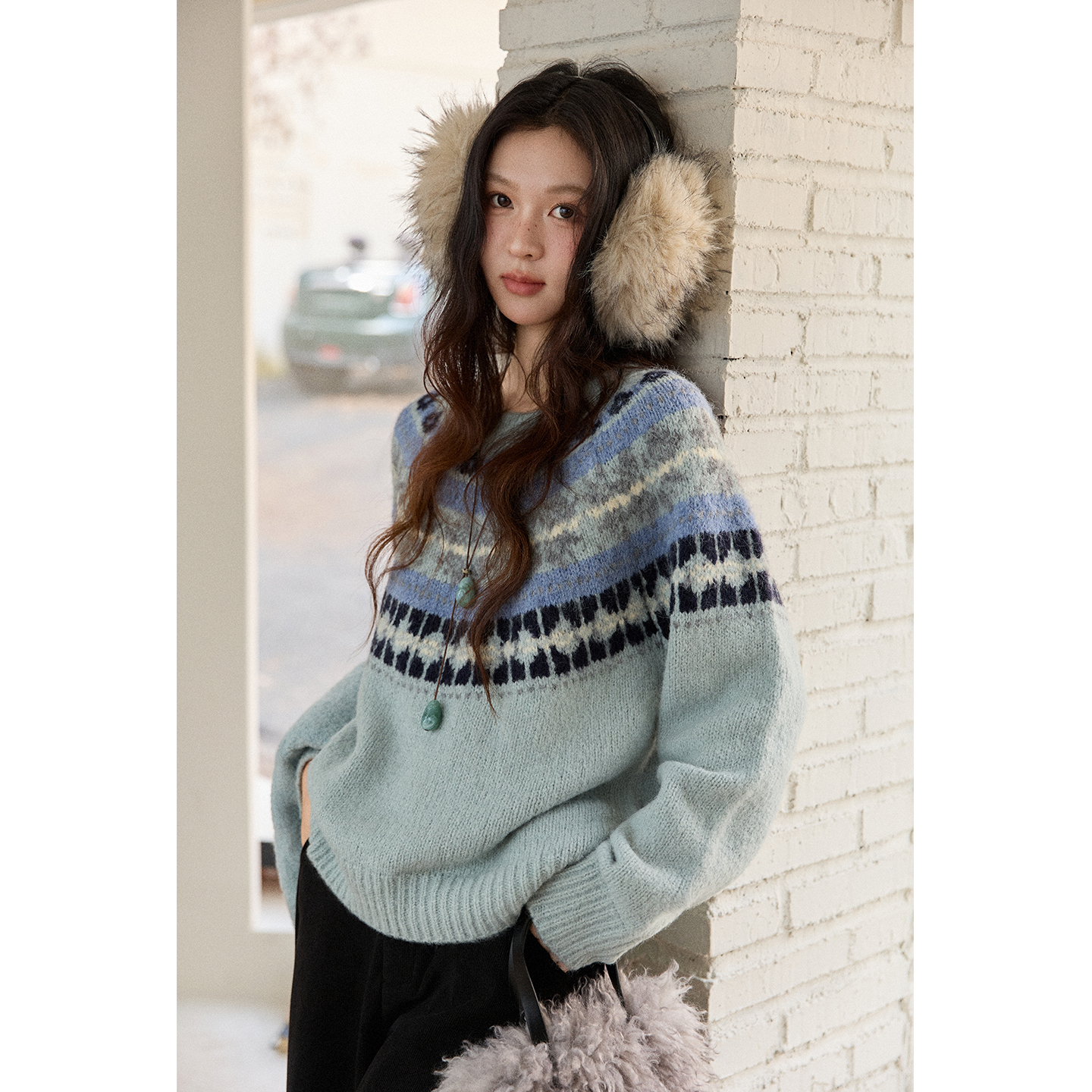 【艾美专属】谜秀蓝色费尔岛提花毛衣几何纹宽松复古针织MXE87Z2767