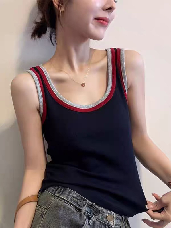 《木兮木》25秋季新款女撞色拼接吊带背心韩版时尚百搭外穿通勤上衣