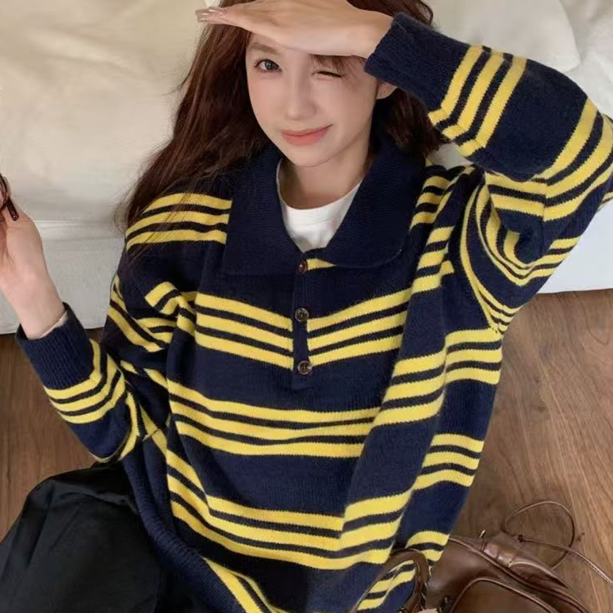 复古美式翻领条纹长袖针织衫2025秋季新款宽松减龄外穿打底毛衣女