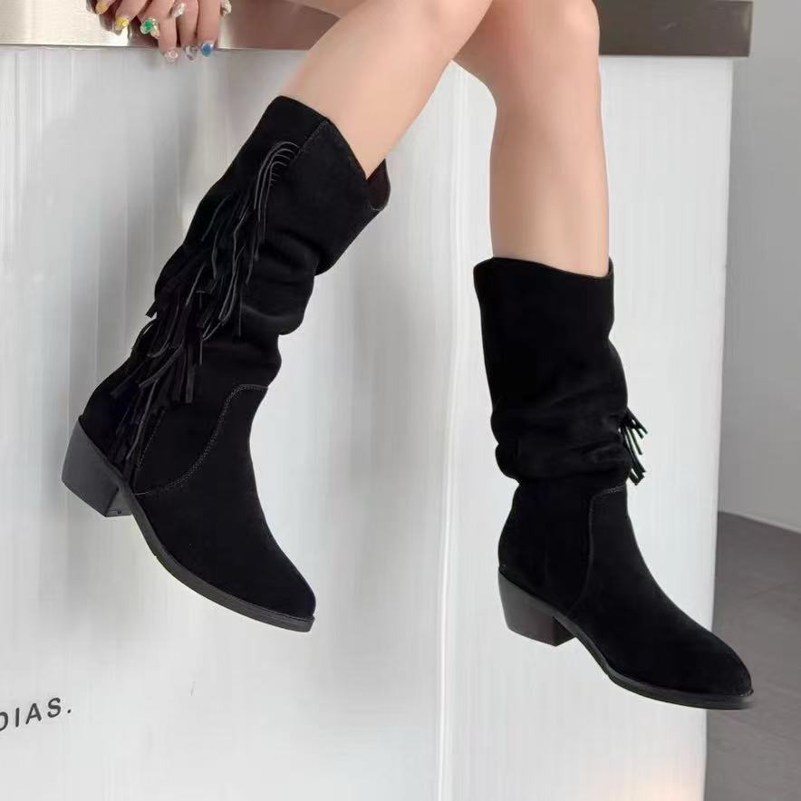 C8203  黑色  粗跟尖头2025新款长靴骑士靴子  马丁靴