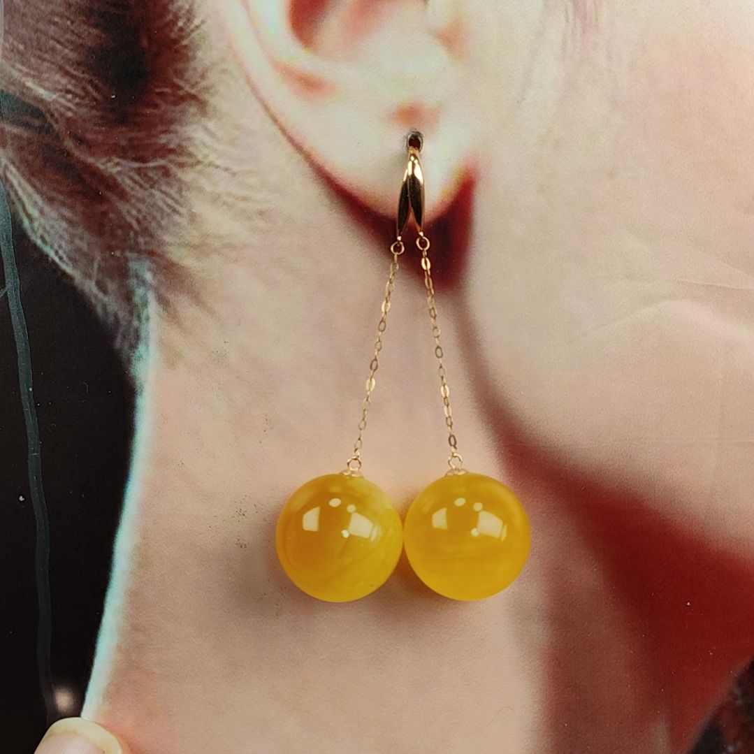 蜜蜡耳饰18K金镶嵌耳环18k金