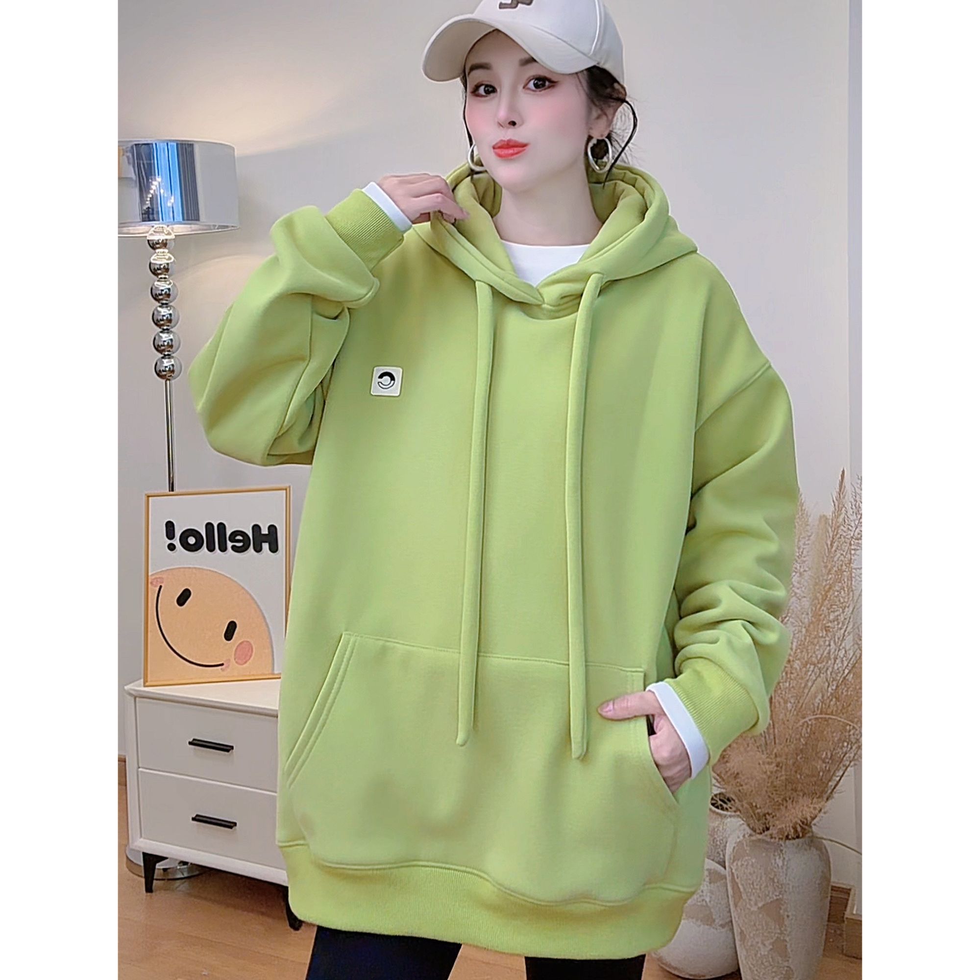 加厚婴儿绒连帽宽松套头刺绣字母卫衣2025年慵懒风卫衣外套5073