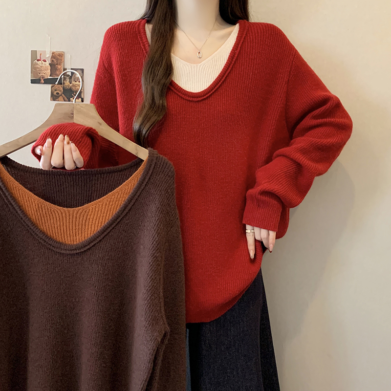 时尚撞色v领针织衫宽松显瘦软糯毛衣上衣2025冬装新款胖mm大码女