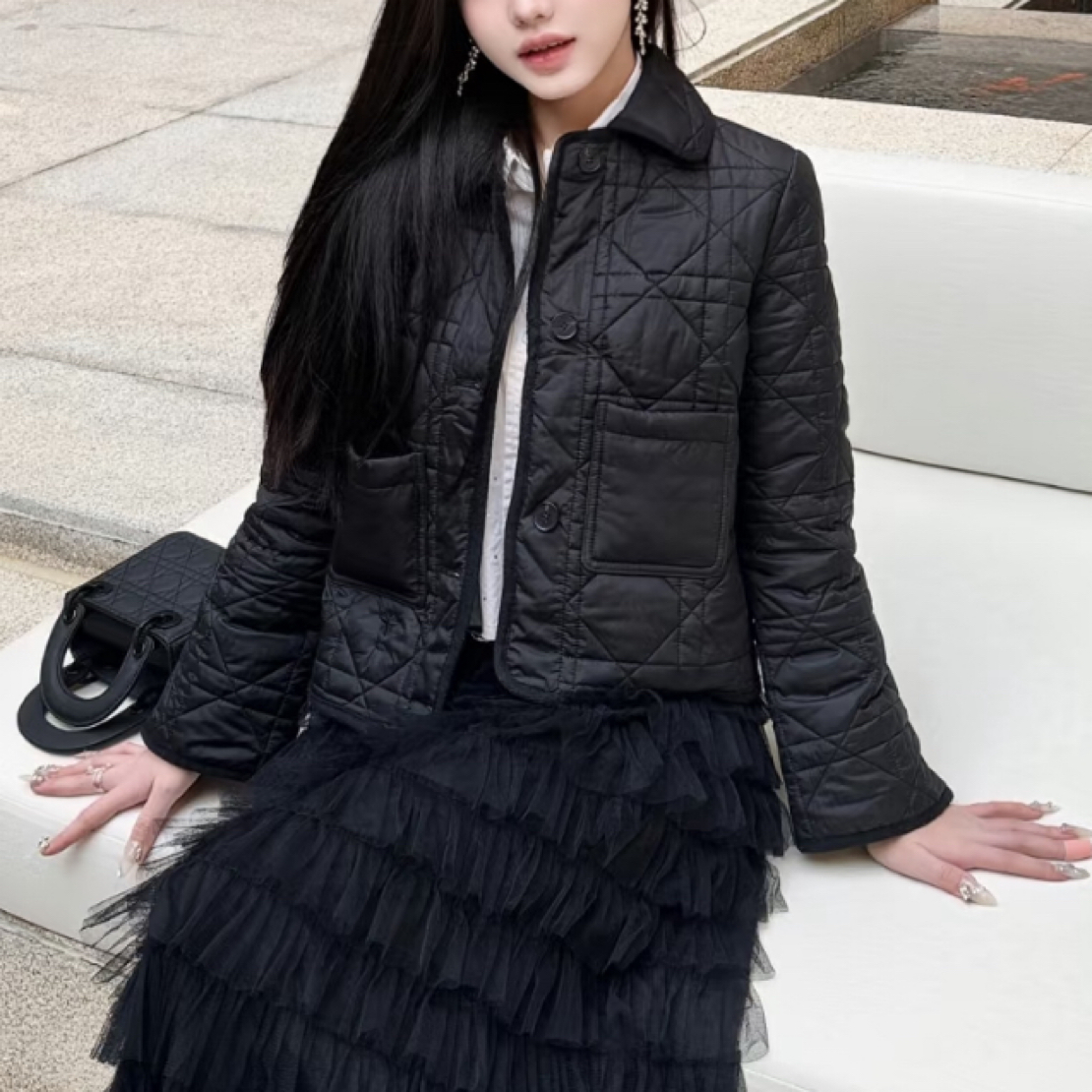 99新 DIOR/迪奥 黑色翻领口袋戴妃棉服 38码 GM005608