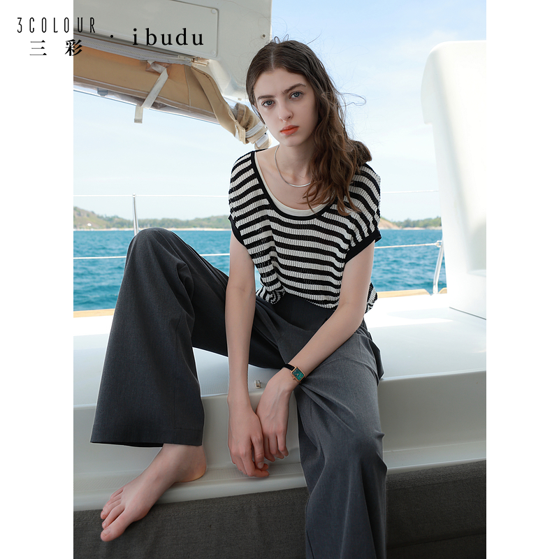 【小北专属】三彩ibudu2025春季新款撞色镂空条纹假两件圆领dbx