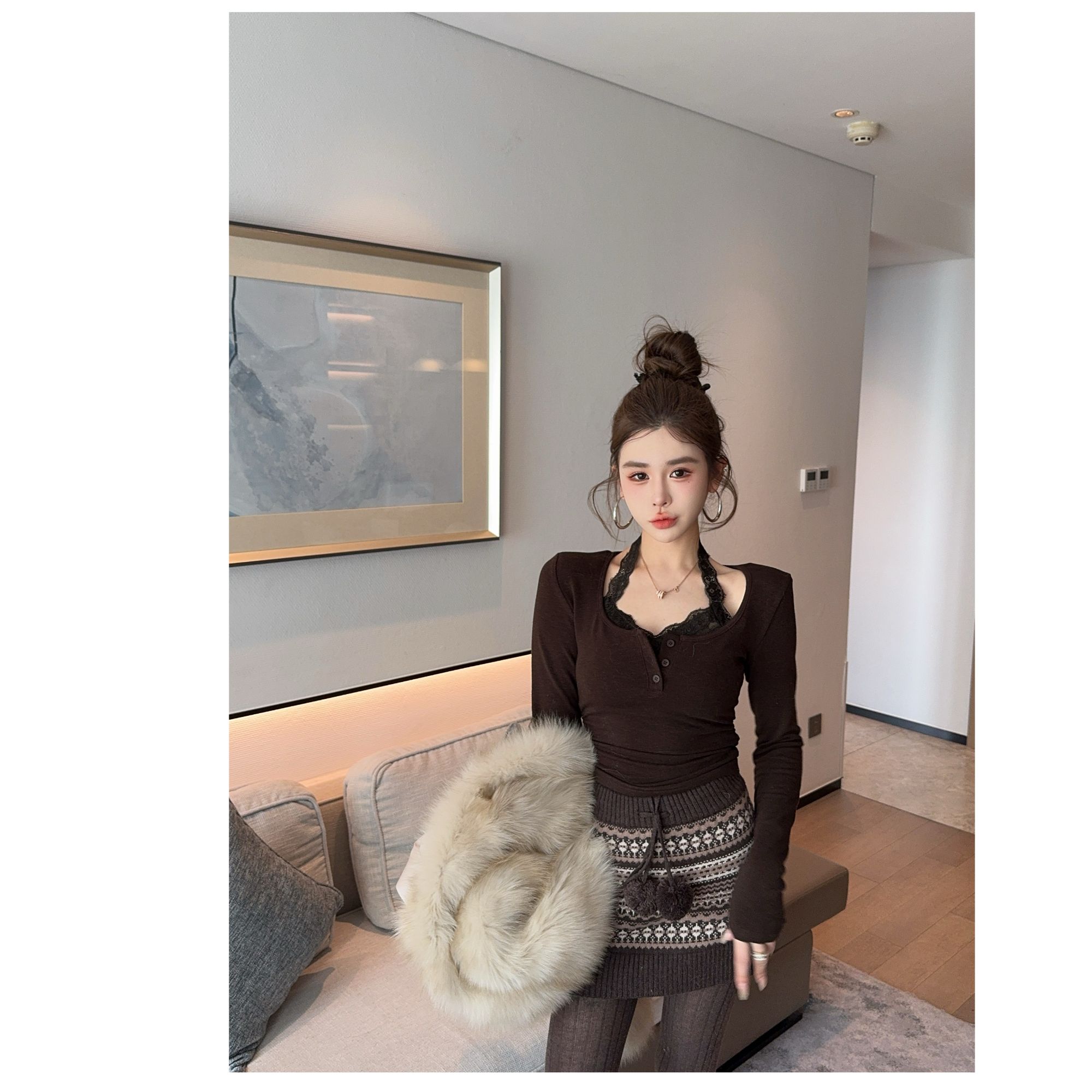 米娜家【高智姐姐】泡菜订制咖色蕾丝假两件加绒T恤