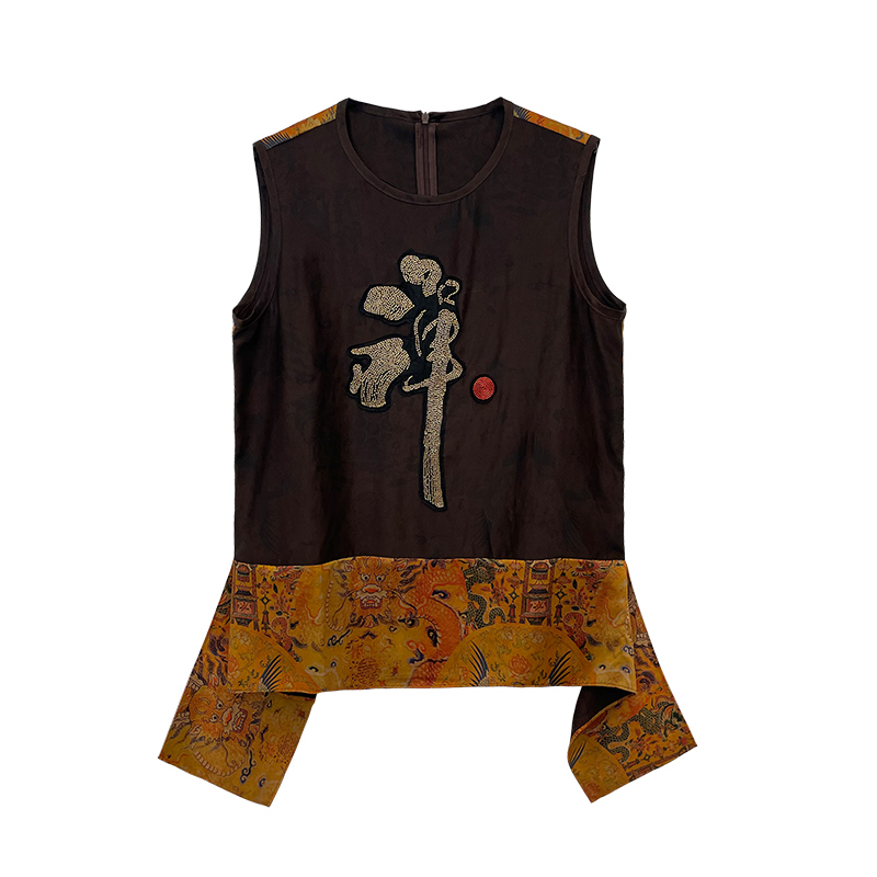 SUOER/娑尔娑尔重磅桑蚕丝钉珠禅字拼接上衣中式夏季SF3SC00241