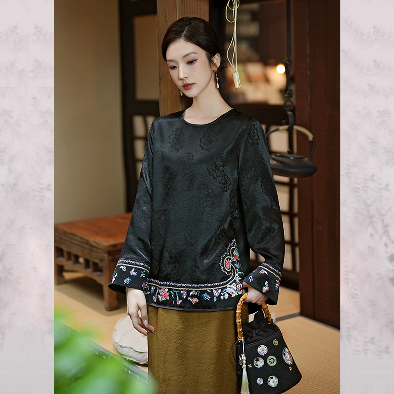 【清浅】新中式国风女装醋酸上衣2025秋季高级感复古黑色打底小衫