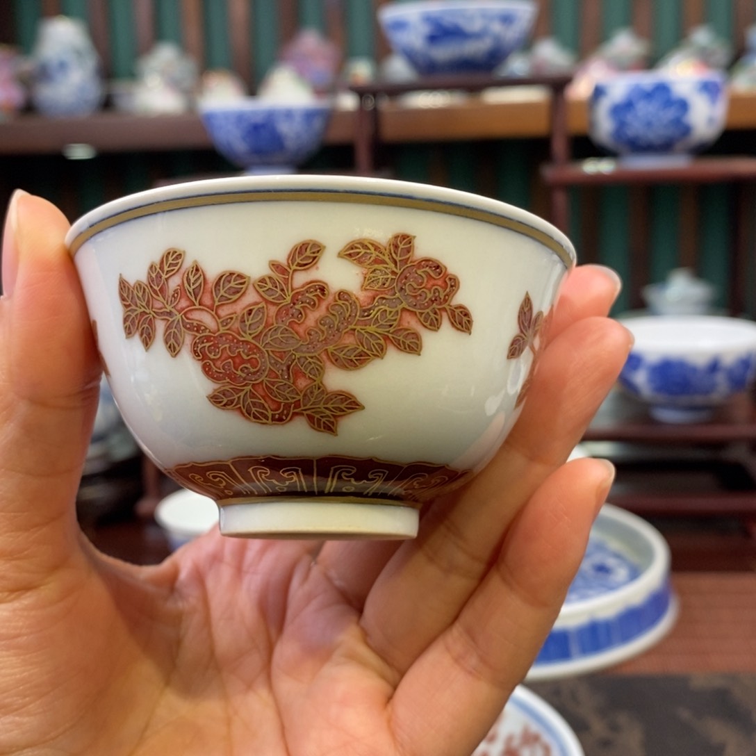 手工陶瓷全红三元描金杯