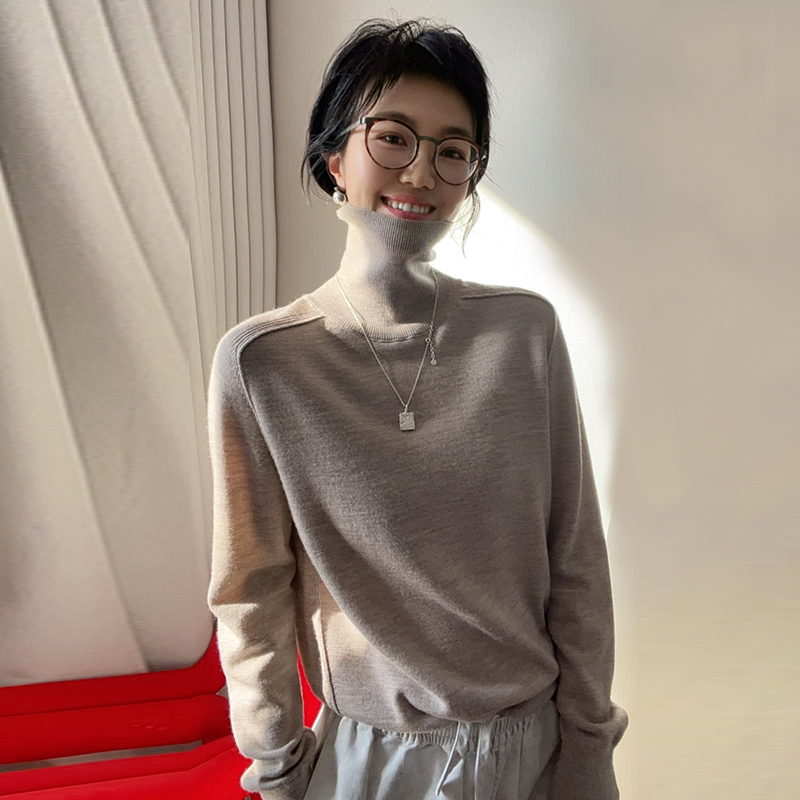 设计感精纺羊毛针织衫女高领内搭长袖套头加厚打底毛衣--SAS8409