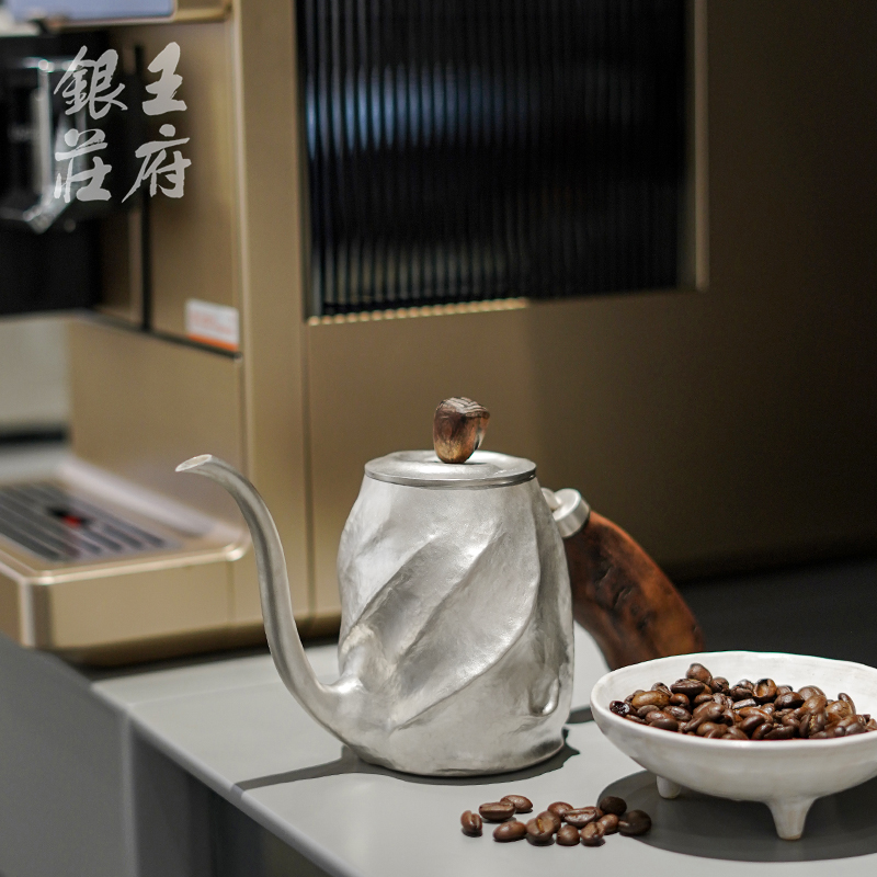 足银999纯手工咖啡壶家用手冲咖啡银壶简约复古长嘴细口壶 霖里
