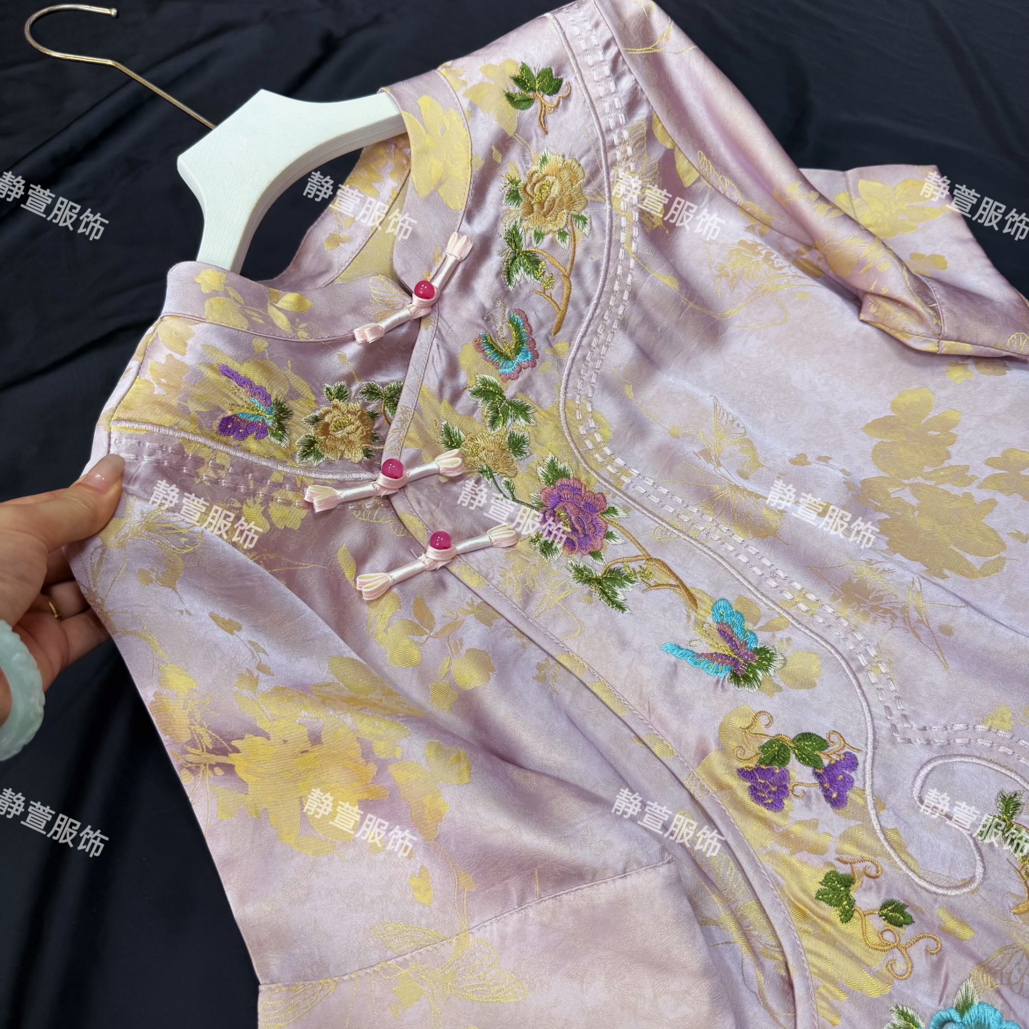 3092-【落栗】时尚斜襟春季蕾丝女士旗袍裙新中式连衣裙常规袖