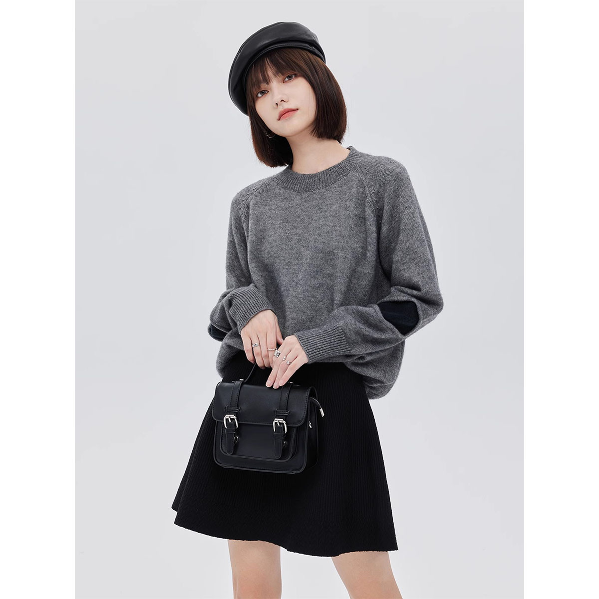 拼接小众设计灰色百搭休闲圆领套头毛衣秋冬针织衫长袖时尚女装