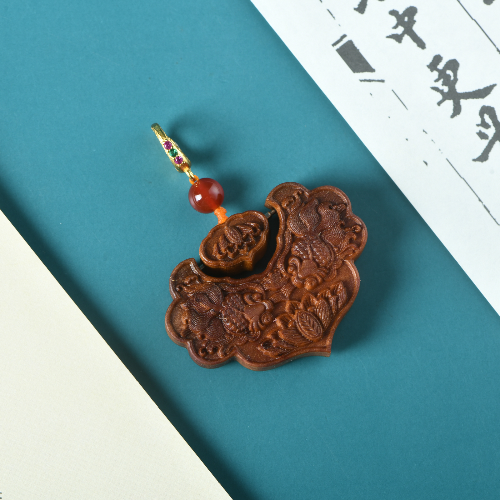 印度老山檀香年年有余如意锁彩锆扣头银s925（木带宝）