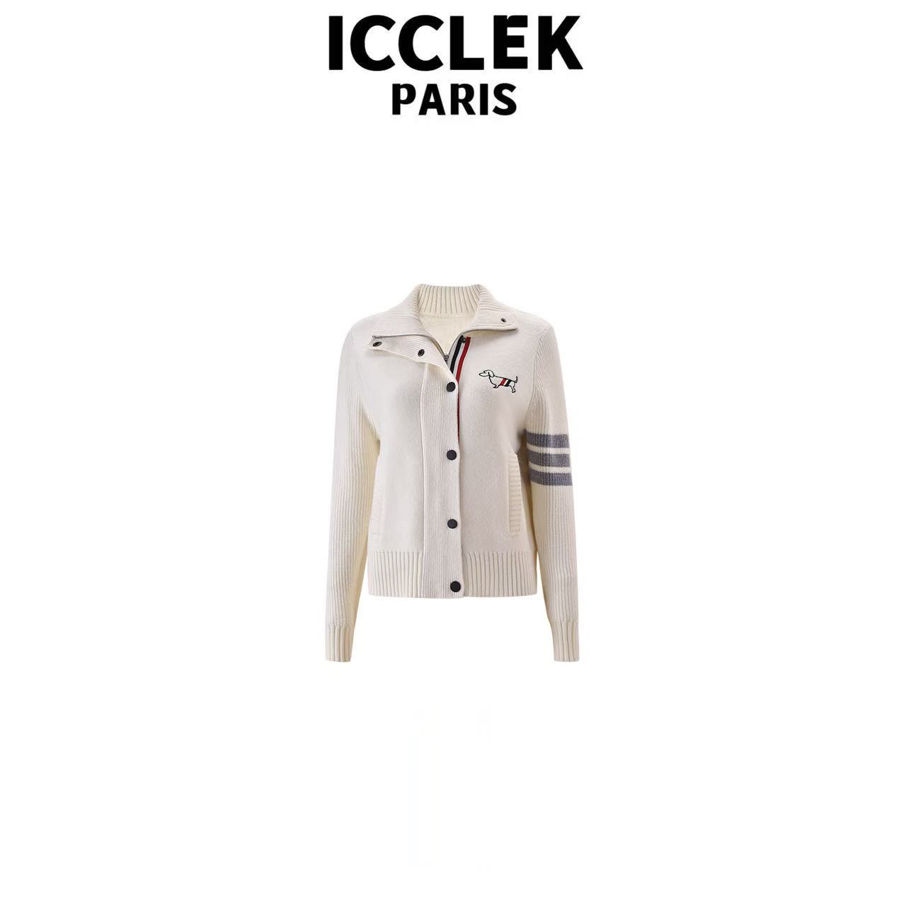 ICCLEK 设计师款白色翻领开襟小狗针织衫长袖开衫灰色名媛 - 9217