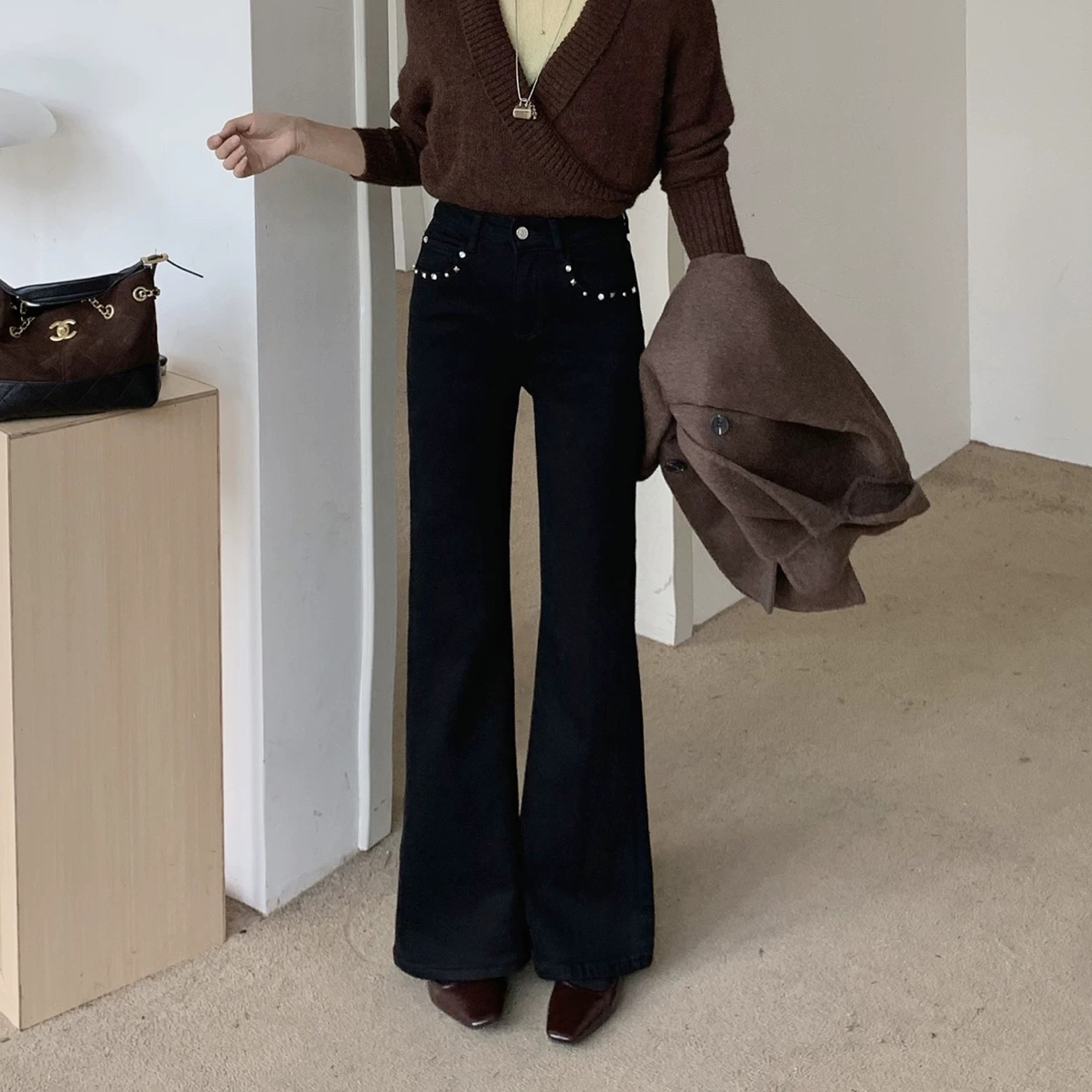 杨幂同款冬季保暖磨毛显瘦铆钉喇叭牛仔裤女新款XY0009-2