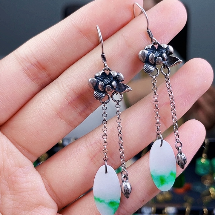 翡翠耳饰银S925镶嵌饰品