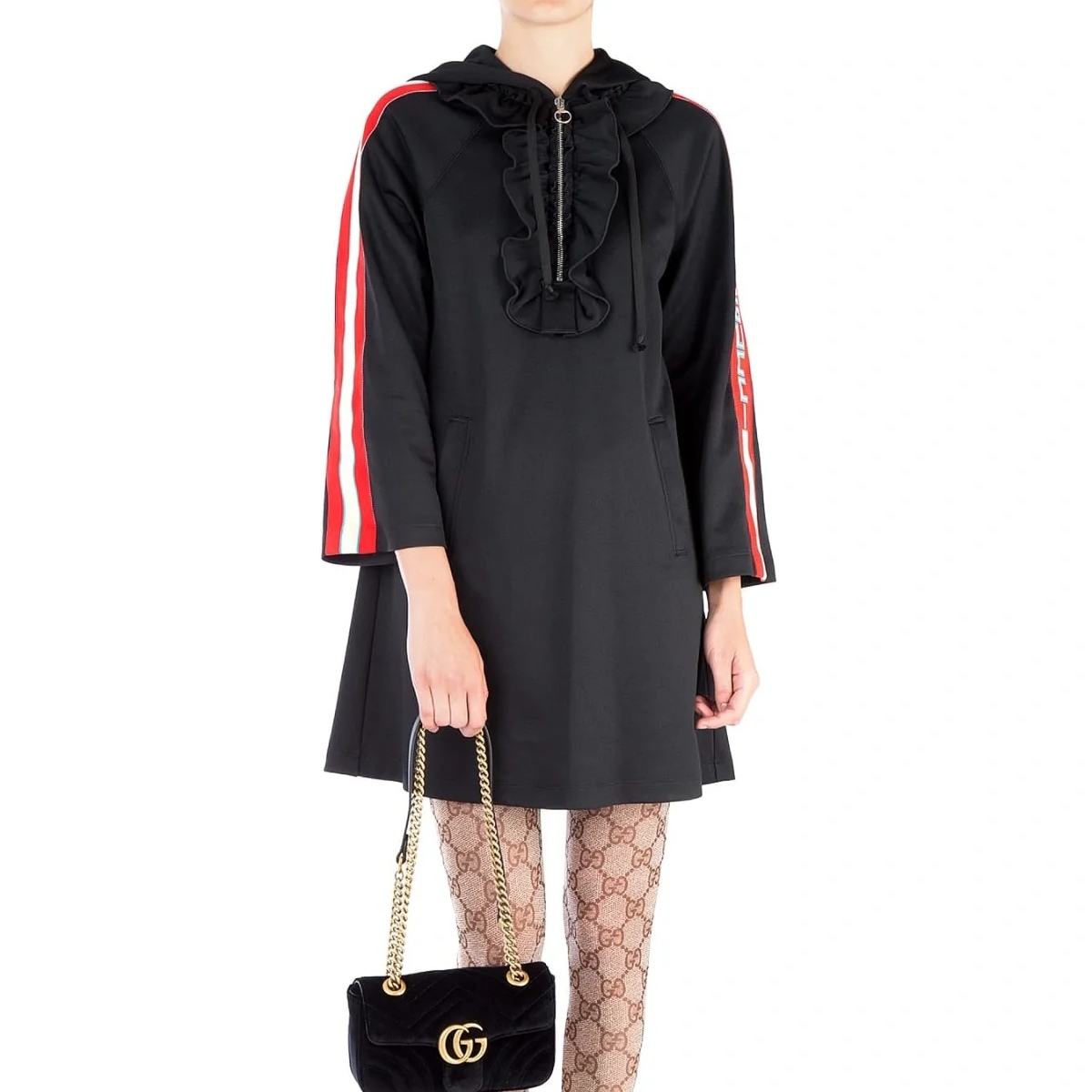 99新 GUCCI/古驰 Gucci 黑色条纹水钻中长款连衣裙 L码 公价20500