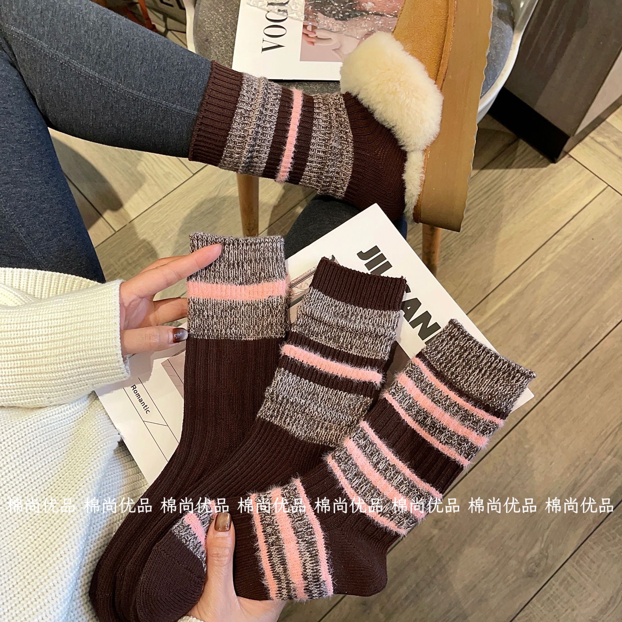 【冬季加厚保暖】女士高品质粗线袜子条纹吸汗森系极简风高筒袜子