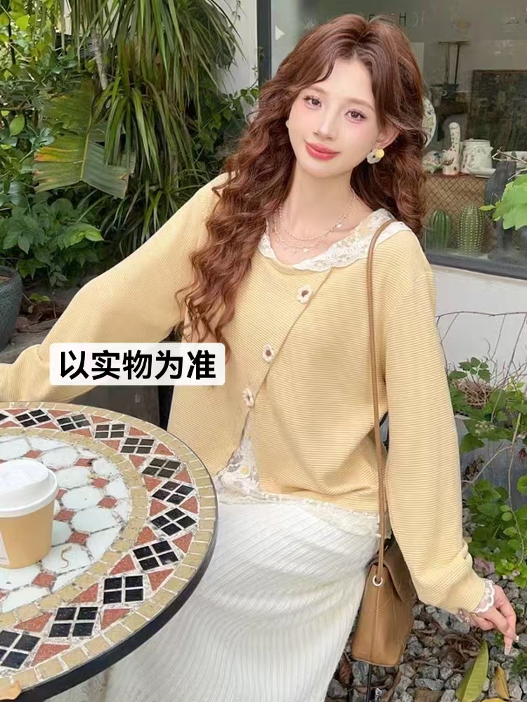 胖妹妹女装新款时尚韩版减龄娃娃衫花朵学院风拼接蕾丝上衣女8653