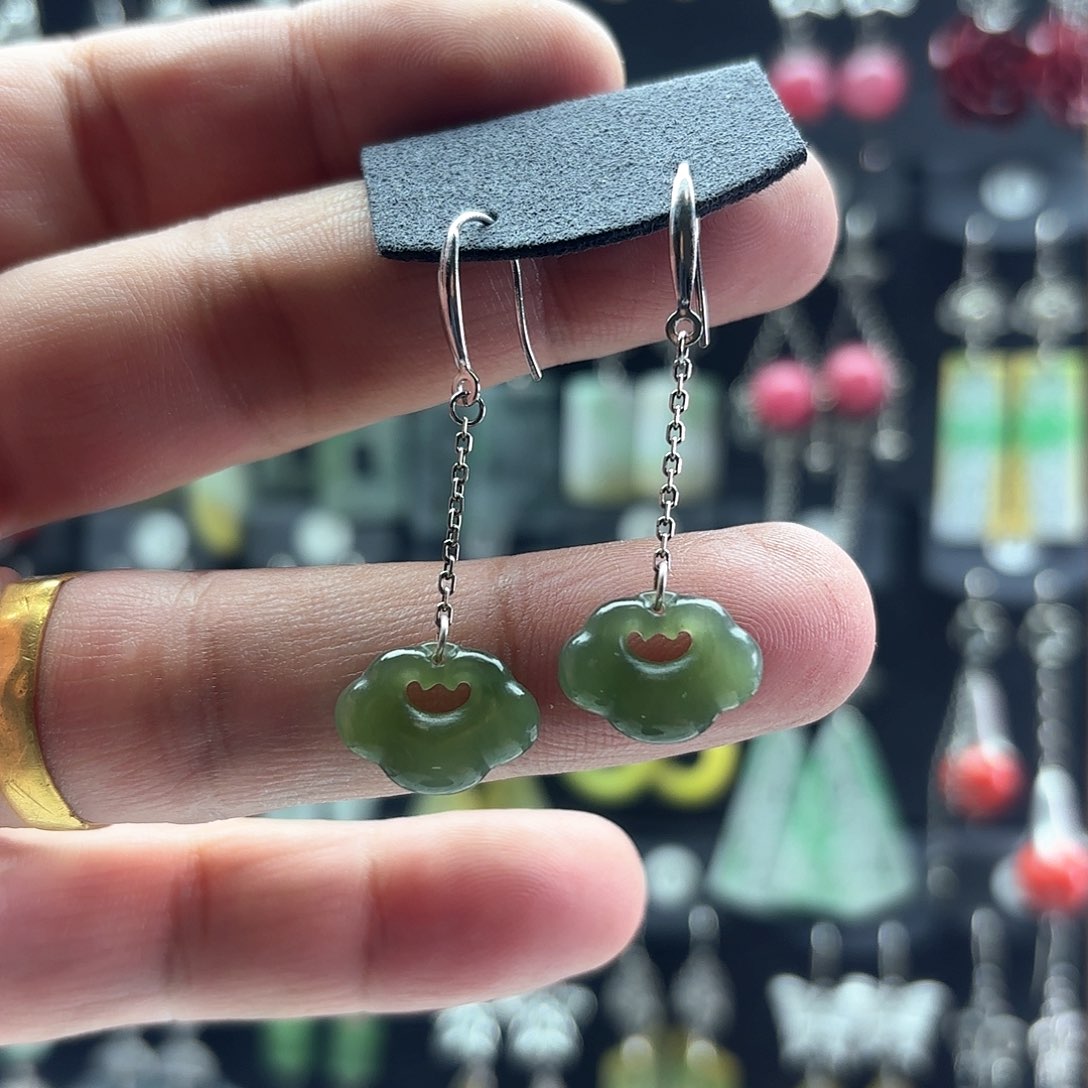 和田玉耳饰银S925镶嵌