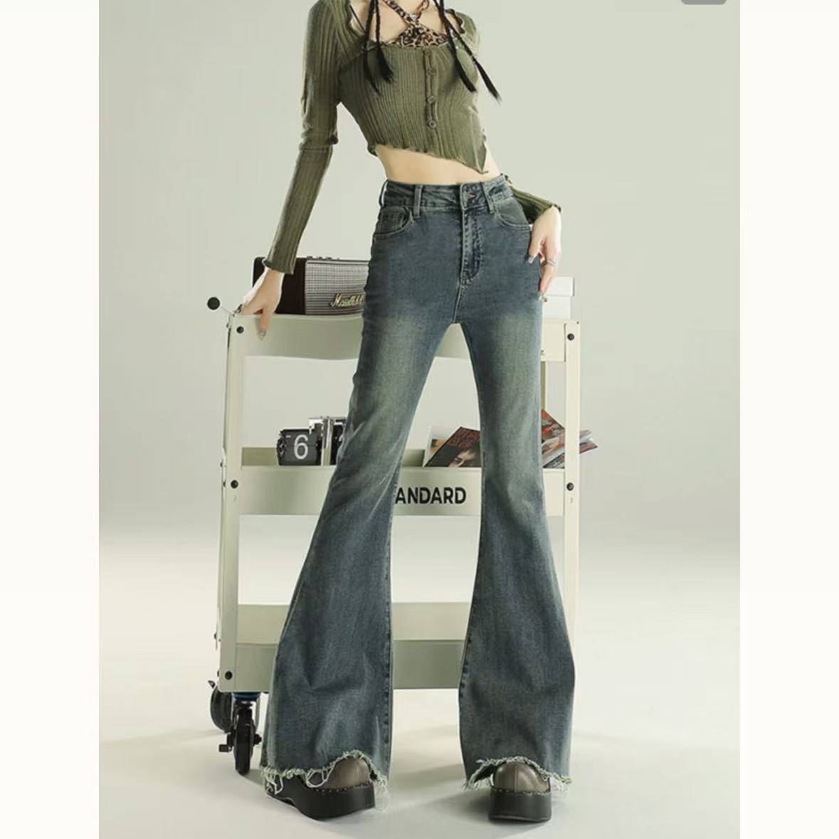 【高弹瘦腿】毛边微喇牛仔裤女